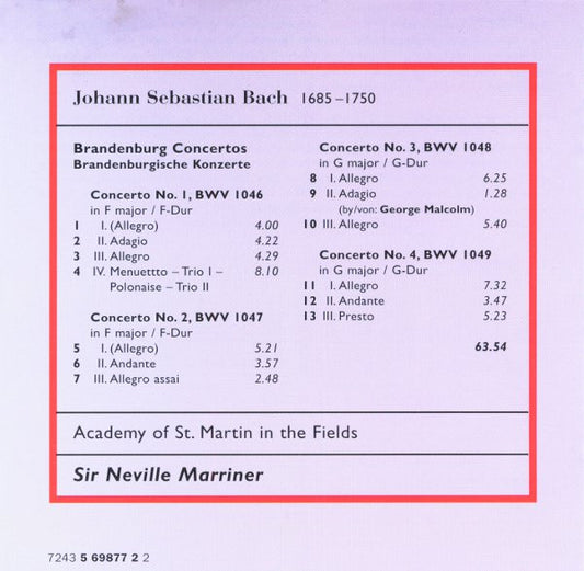 BACH: Brandenburg Concertos 1-4 - ACADEMY OF ST MARTIN in THE FIELDS, SIR NEVILLE MARRINER