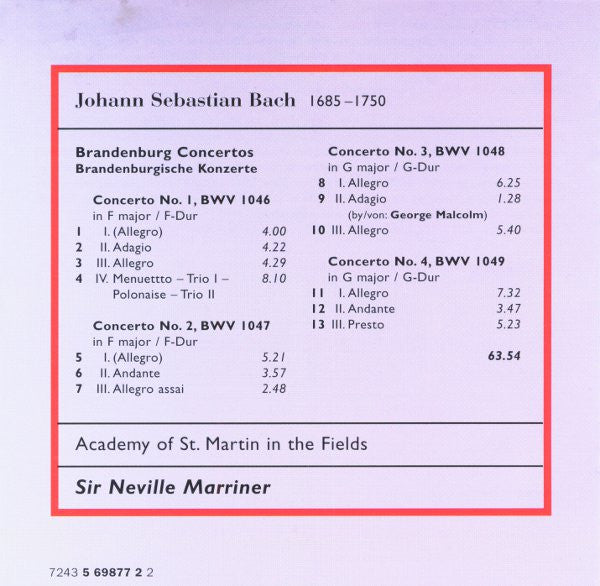 BACH: Brandenburg Concertos 1-4 - ACADEMY OF ST MARTIN in THE FIELDS, SIR NEVILLE MARRINER