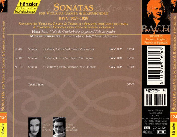 BACH: SONATAS FOR VIOLA DA GAMBA - HILLE PERL, MICHAEL BEHRINGER