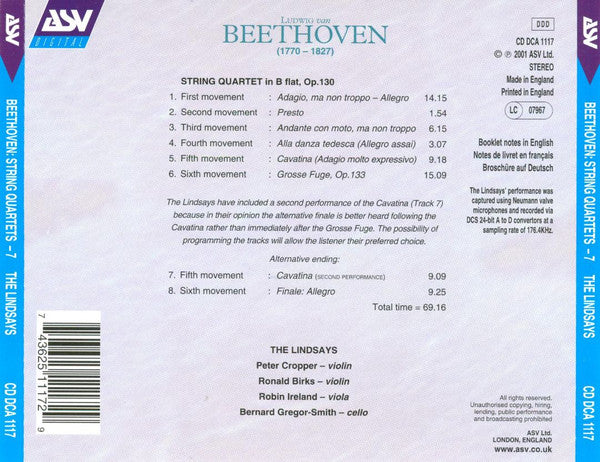 BEETHOVEN: The String Quartets, Vol. 7 (Op. 130 & 133 Grosse Fuge) - The Lindsays