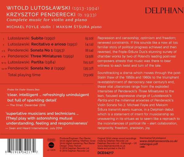 Lutoslawski & Penderecki: Complete Music For Violin & Piano - FOYLE-STSURA DUO