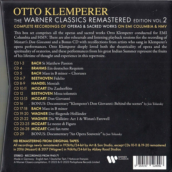 OTTO KLEMPERER: Warner Classics Remastered Edition - Vol. 2 (29 CDs - Operas & Sacred Works)