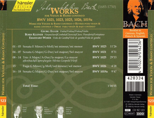 BACH: Works For Violin & Basso Continuo BWV 1021, 1023, 1025, 1026, 1019a - Georg Egger, Boris Kleiner, Ekkehard Weber