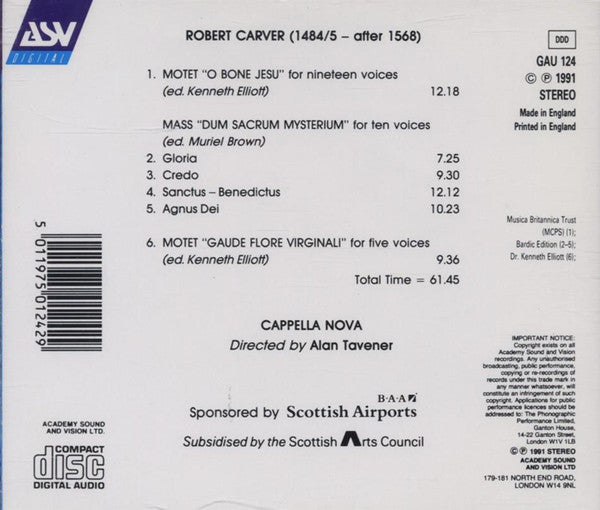 CARVER: 10-Part Mass 'Dum Sacrum Mysterium'; 2 Motets - Cappella Nova