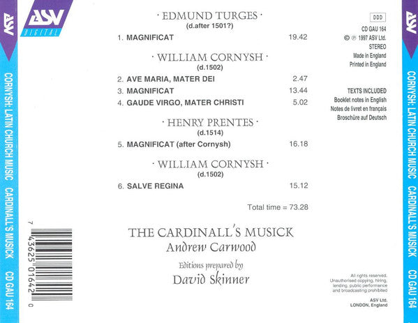 CORNYSH: Latin Church Music; Turges & Prentes: Magnificat - The Cardinall's Musick