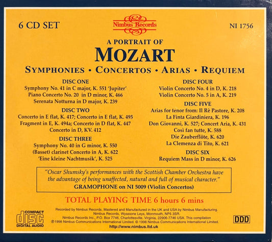 Mozart: A Portrait of Mozart (Requiem; Violin Concertos; Symphonies 40 & 41) - Hanover Band, Royal Opera House Covent Garden Orchestra, Scottish Chamber Orchestra (6 CDs)