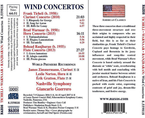 Ticheli, Warnaar & Ranjbaran: Wind Concertos - Nashville Symphony Orchestra
