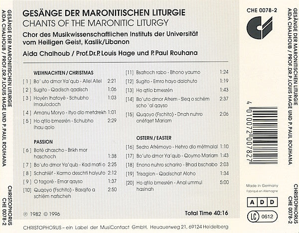 Chants Of The Maronitic Liturgy: Chor Des Musikwissenschaftlichen Instituts Der Universität Vom Heiligen Geist