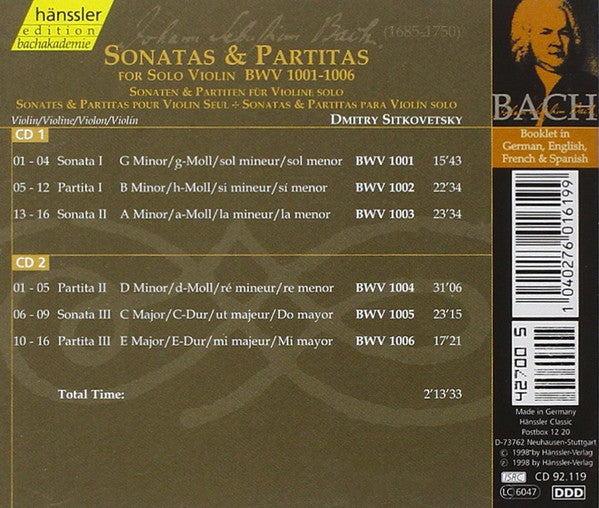 BACH: SONATAS & PARTITAS FOR SOLO VIOLIN - DMITRI SITKOVETSKY (2 CDS)