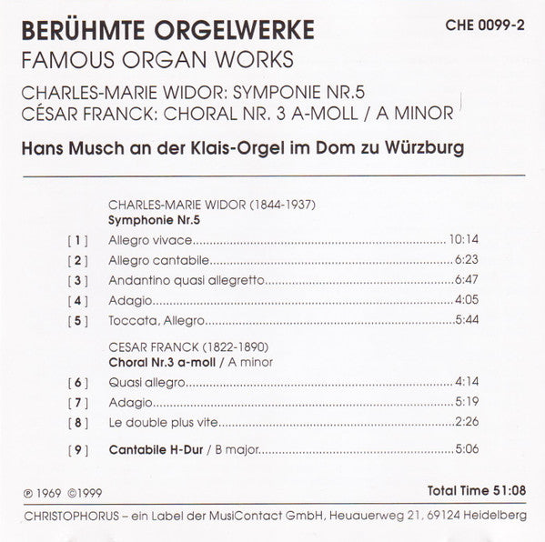 WIDOR: SYMPHONY NO. 5; FRANCK: CHORALE NO. 3 - HANS MUSCH