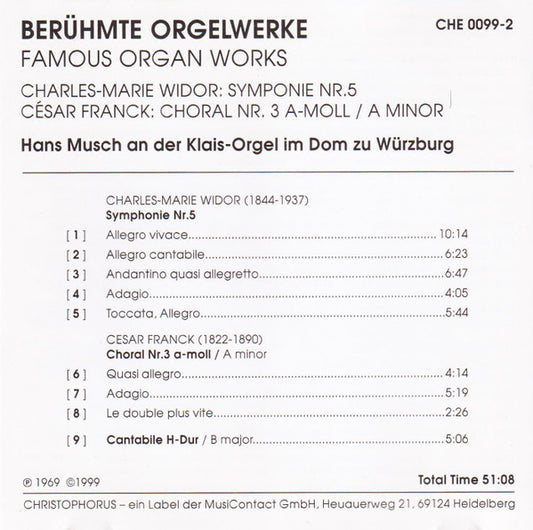 WIDOR: SYMPHONY NO. 5; FRANCK: CHORALE NO. 3 - HANS MUSCH