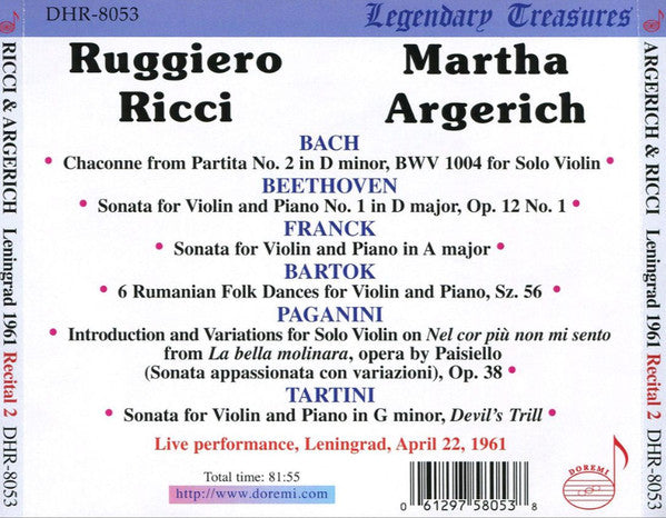 Martha Argerich & Ruggierio Ricci - Leningrad Recital, April 22, 1961 (Bach, Beethoven, Franck, Bartok, Paganini, Tartini)