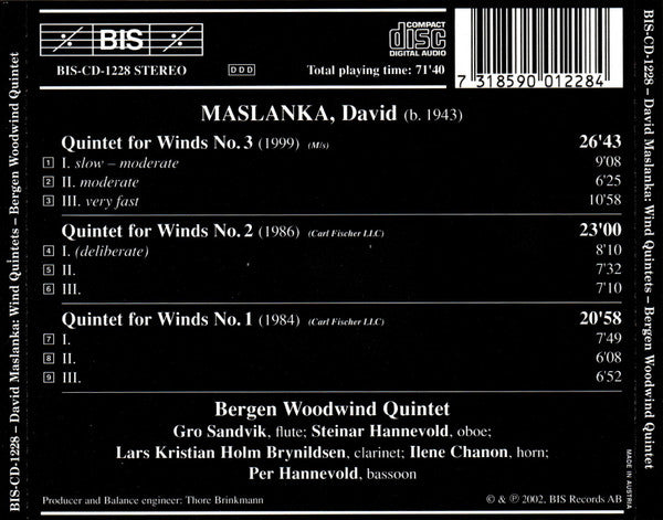 MASLANKA: Wind Quintets Nos. 1-3 - Bergen Woodwind Quintet