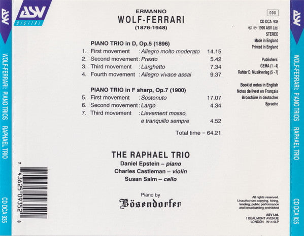 WOLF-FERRARI: The Two Piano Trios - Raphael Trio