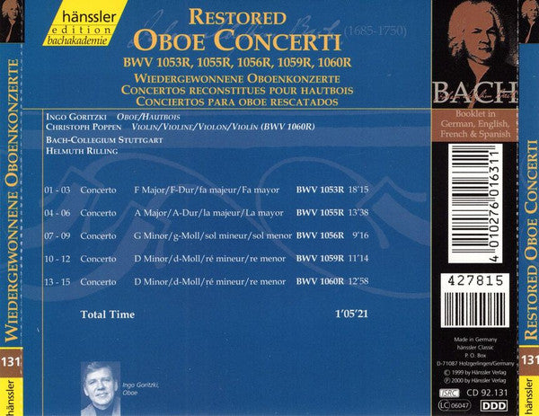 BACH: RESTORED OBOE CONCERTI - Bach-Collegium Stuttgart, Rilling