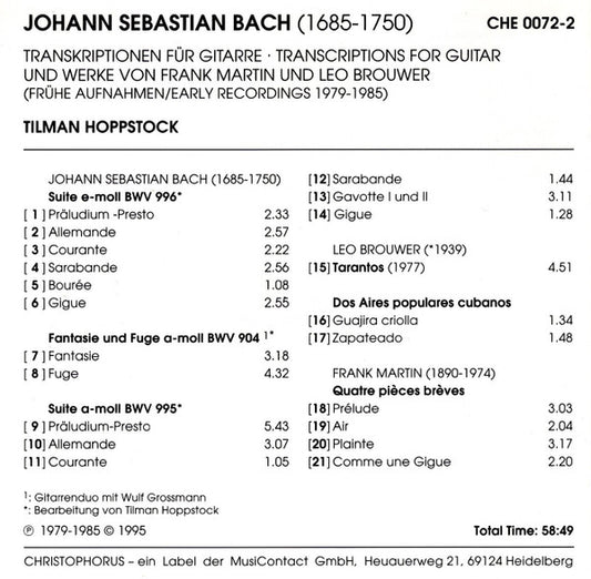 BACH, BROUWER & MARTIN: TRANSCRIPTIONS FOR GUITAR - Tilman Hoppstock