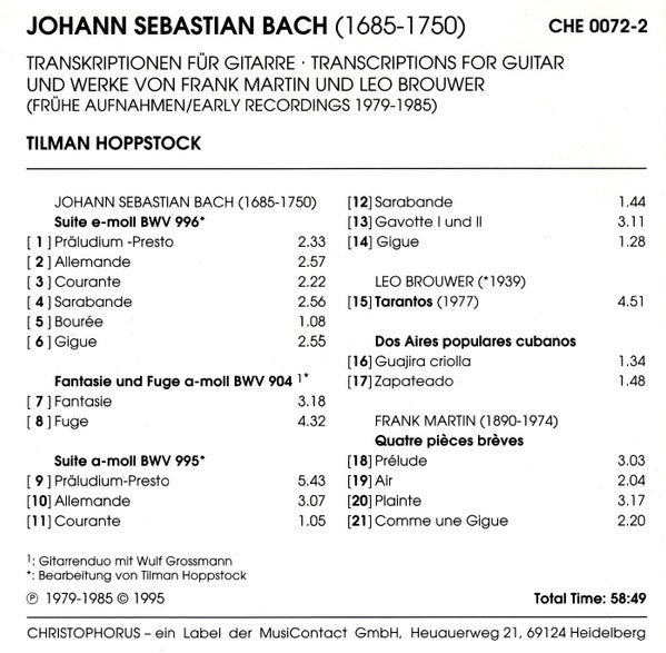 BACH, BROUWER & MARTIN: TRANSCRIPTIONS FOR GUITAR - Tilman Hoppstock