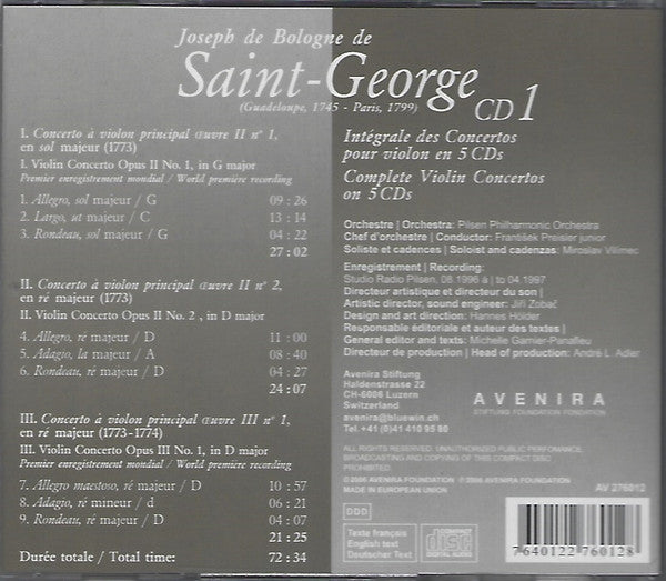 SAINT-GEORGE: COMPLETE VIOLIN CONCERTOS V. 1 - Vilimec, Pilsen Philharmonic Orchestra