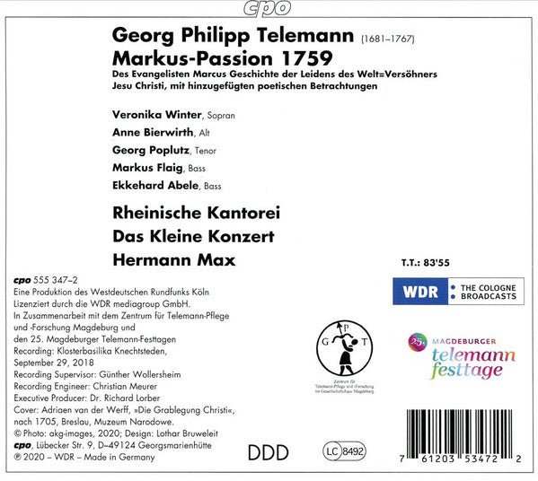 Telemann: Markus-Passion - Rheinische Kantorei, Das Kleine Konzert, Hermann Max (2 CDs)