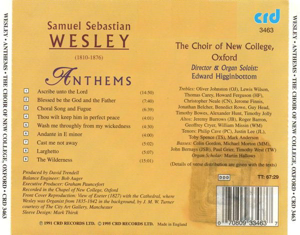WESLEY: ANTHEMS - CHOIR OF NEW COLLEGE OXFORD, EDWARD HIGGINBOTTOM