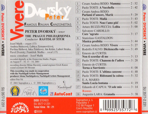 Vivere: Famous Italian Canzonettas - Peter Dvorsky, Prague Philharmonia