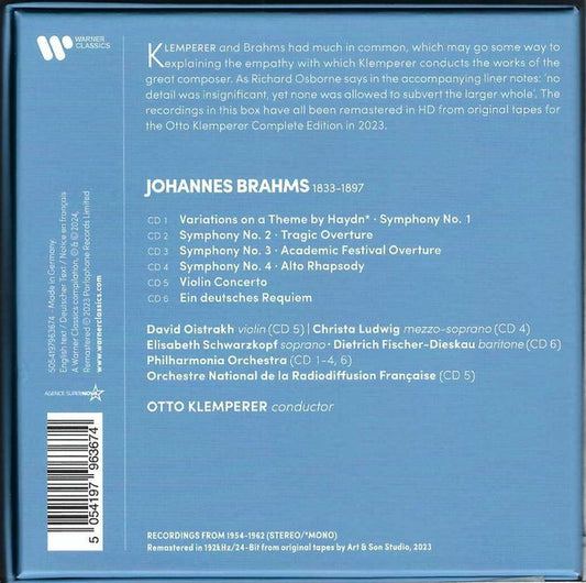 Brahms: The Complete Symphonies - Overtures - Haydn Variations - Violin Concerto - Deutsches Requiem - Alto Rhapsody - KLEMPERER (6 CDs)