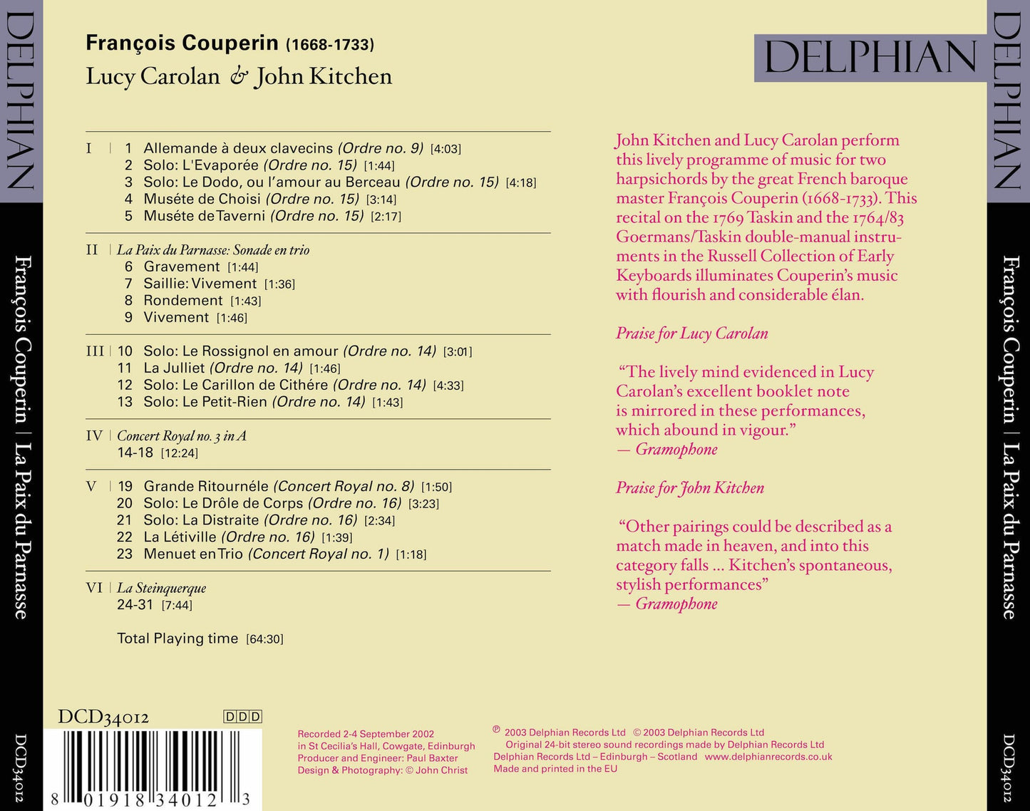 Couperin: La Paix du Parnasse - Lucy Carolan, John Kitchen