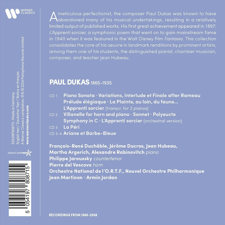DUKAS: WORKS FOR PIANO, THE SORCERER'S APPRENTICE, SYMPHONY IN C - LA PERI - ARIANE ET BARBE-BLEU (4 CDS)