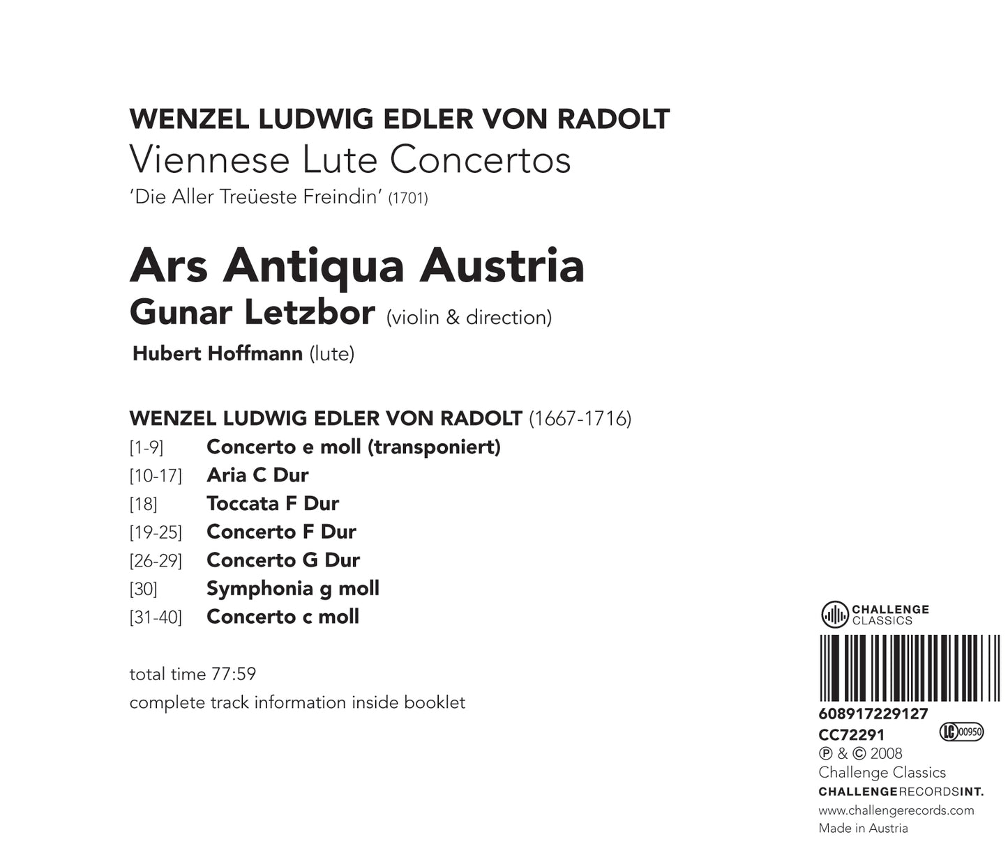 RADOLT: VIENNESE LUTE CONCERTOS - GUNAR LETZBOR, HUBERT HOFFMAN, ARS ANTIQUA AUSTRIA