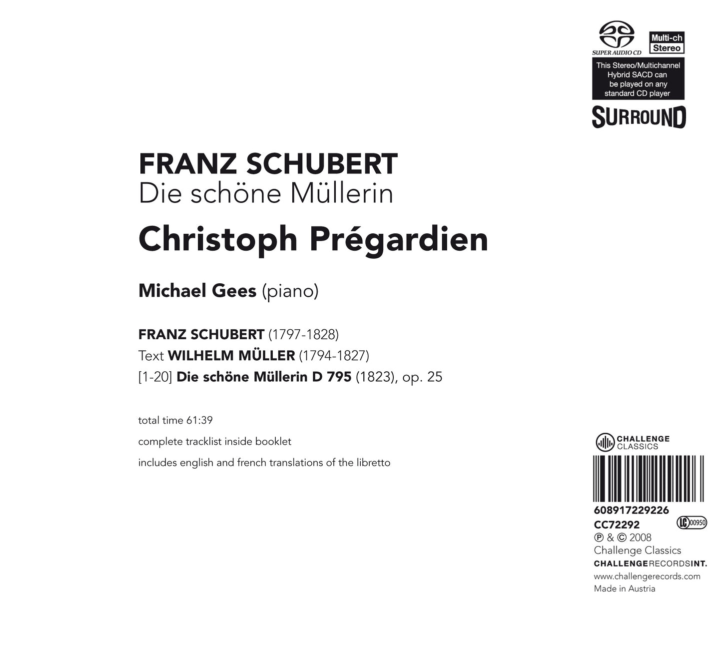 SCHUBERT: DIE SCHOENE MUELLERIN - CHRISTOPH PREGARDIEN & MICHAEL GEES (HYBRID SACD)