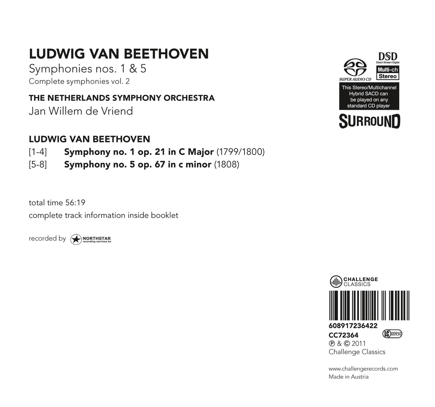 BEETHOVEN: SYMPHONIES NOS. 1 & 5 (COMPLETE SYMPHONIES, VOL. 2) - JAN WILLEM DE VRIEND, NETHERLANDS SYMPHONY ORCHESTRA (HYBRID SACD)