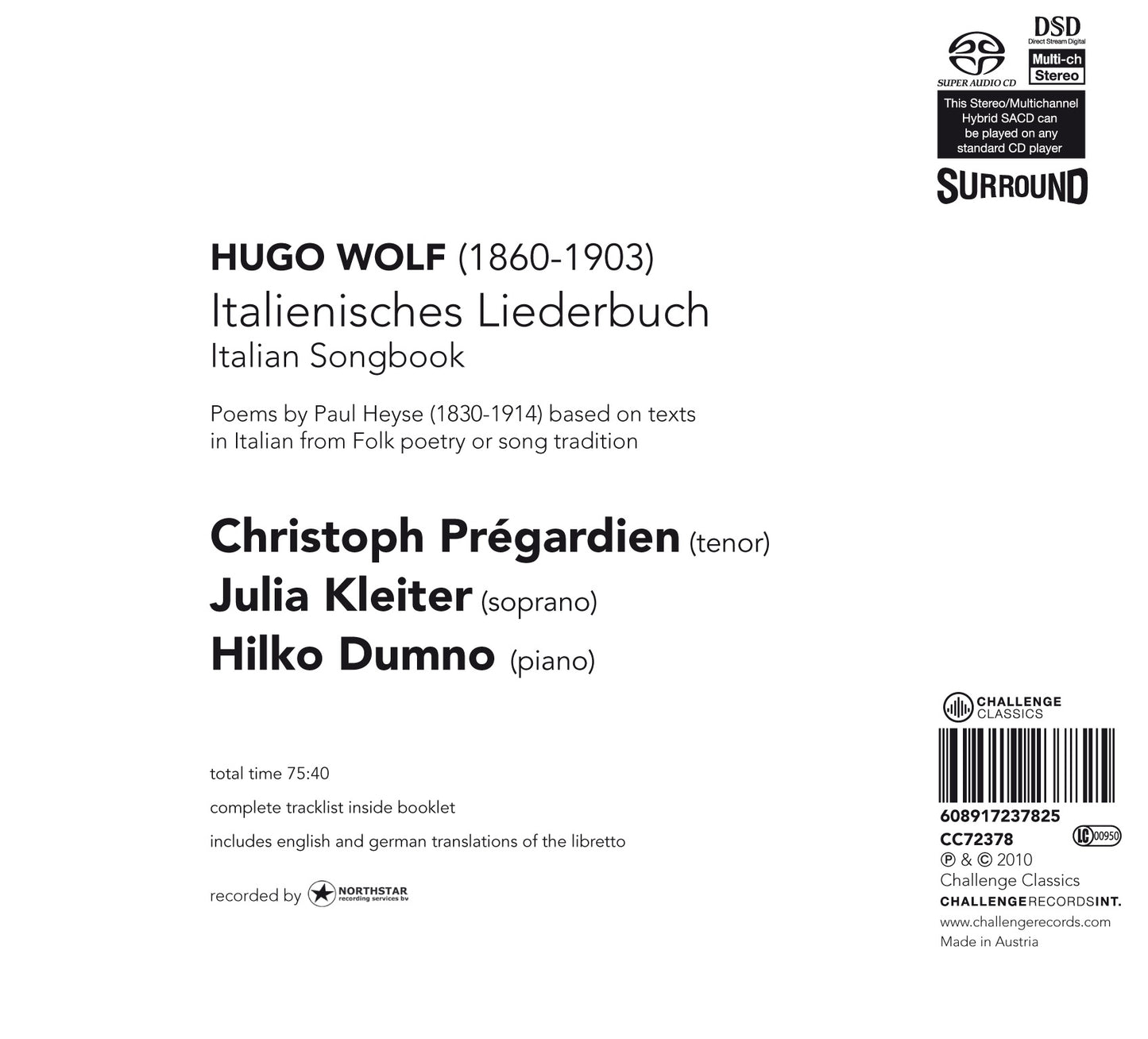 WOLF: ITALIENISCHES LIEDERBUCH - CHRISTOPH PREGARDIEN, JULIA KLEITER (HYBRID SACD)