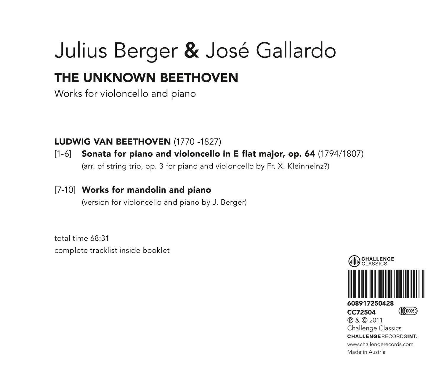 BEETHOVEN: THE UNKNOWN BEETHOVEN (WORKS FOR CELLO AND PIANO) - JULIUS BERGER & JOSE GALLARDO