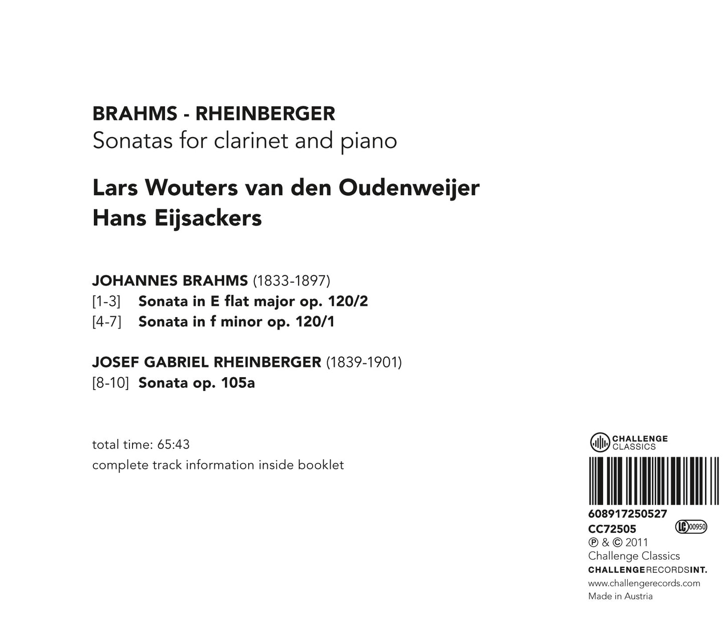 BRAHMS & RHEINBERGER: SONATAS FOR CLARINET & PIANO - LARS WOUTERS VAN DEN OUDENWEIJER
