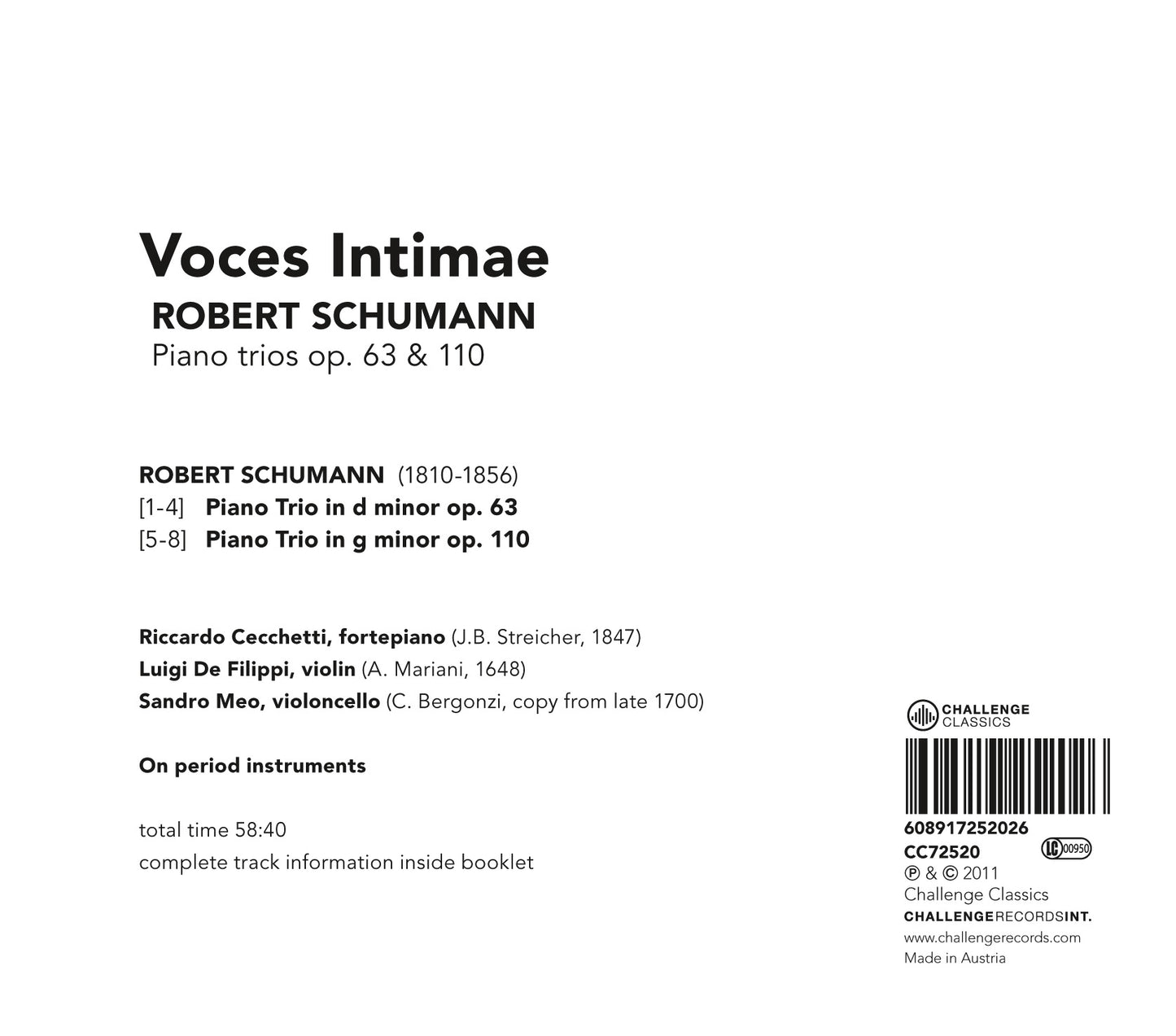 SCHUMANN: PIANO TRIOS, OP. 63 & 110 - VOCES INTIMAE