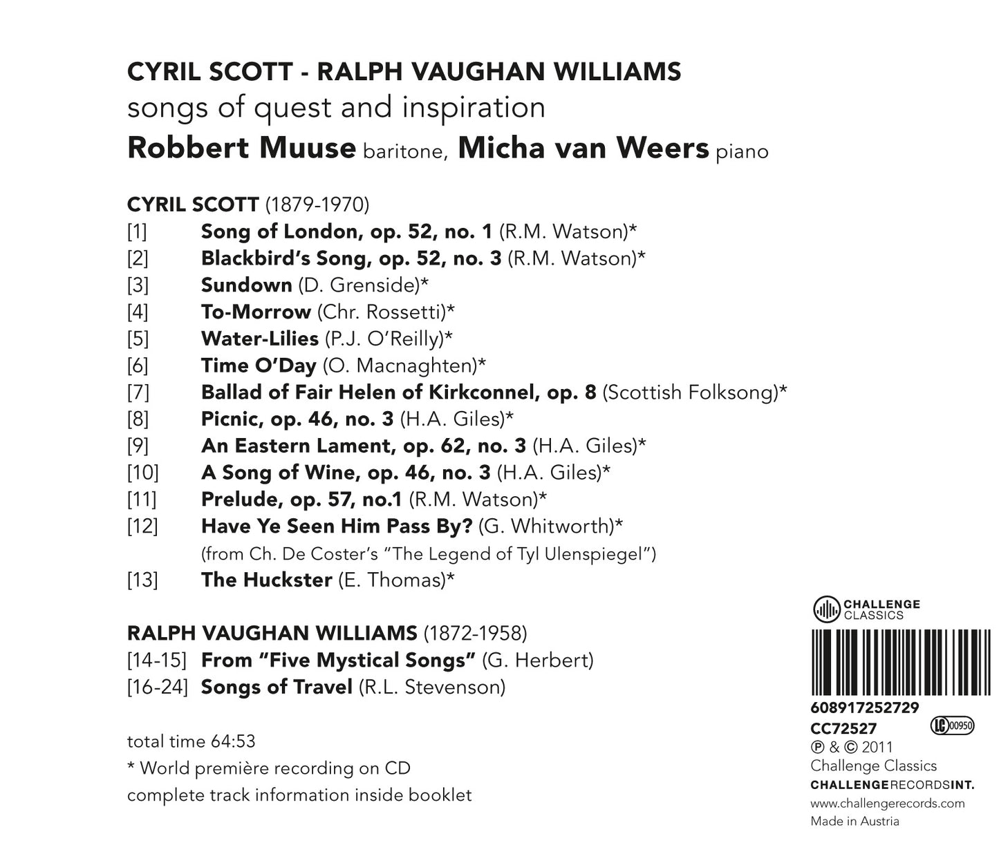 VAUGHAN WILLIAMS & SCOTT: SONGS OF QUEST AND INSPIRATION - ROBERT MUUSE & MICHAEL VAN WEERS