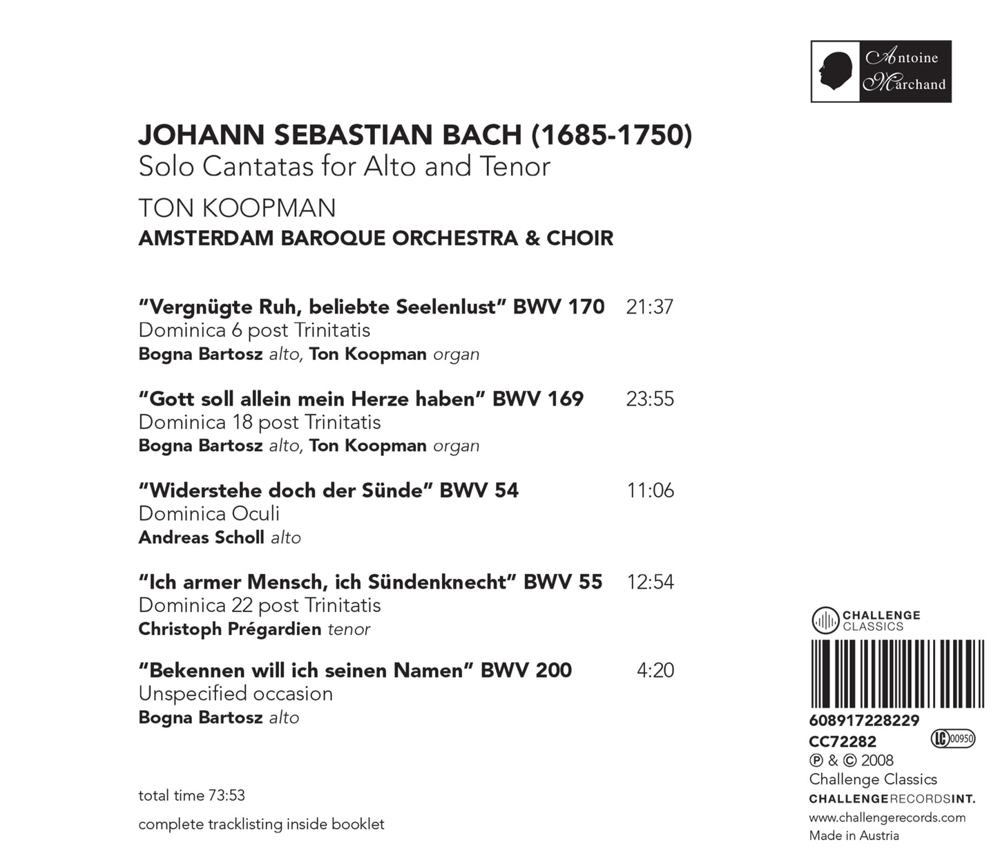BACH: SOLO CANTATAS FOR ALTO AND TENOR - TON KOOPMAN & THE AMSTERDAM BAROQUE ORCHESTRA