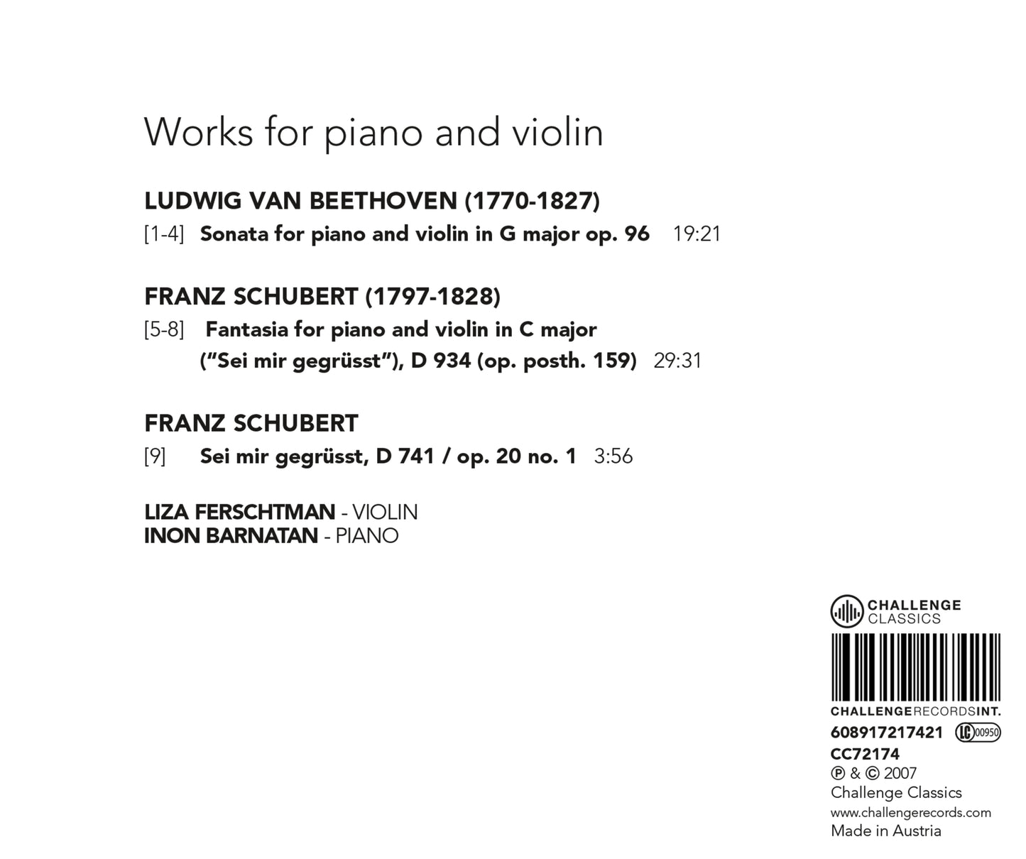 SCHUBERT & BEETHOVEN: WORKS FOR VIOLIN AND PIANO - LIZA FERSCHTMAN & INON BARNATAN