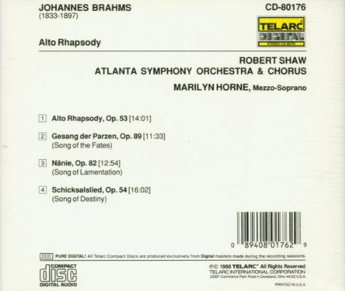 BRAHMS: ALTO RHAPSODY; GESANG DER PARZEN; NANIE; SCHICKSALSLIED - Marilyn Horne, Robert Shaw, Atlanta Symphony
