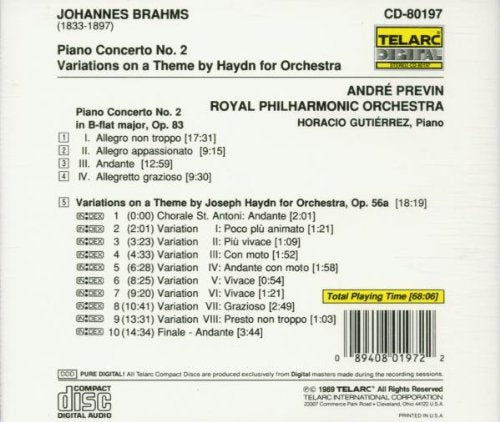 BRAHMS: PIANO CONCERTO NO. 2; HAYDN VARIATIONS - Horatio Gutierrez, Andre Previn, Royal Philharmonic