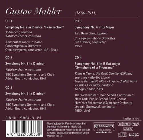 MAHLER: Vocal Symphonies - Klemperer, Boult, Ferrier, della Casa (4 CD SET)