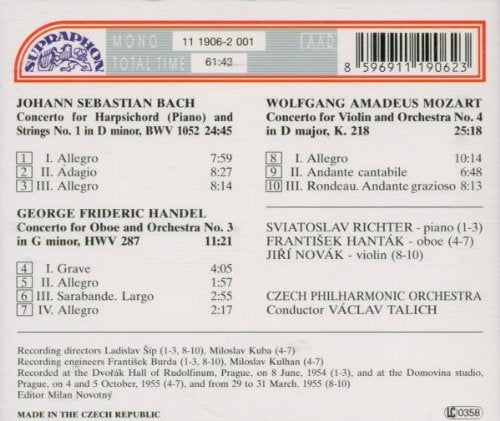 Bach, Händel, Mozart: Concerti - Richter, Hantak, Novak, Talich, Czech Philharmonic