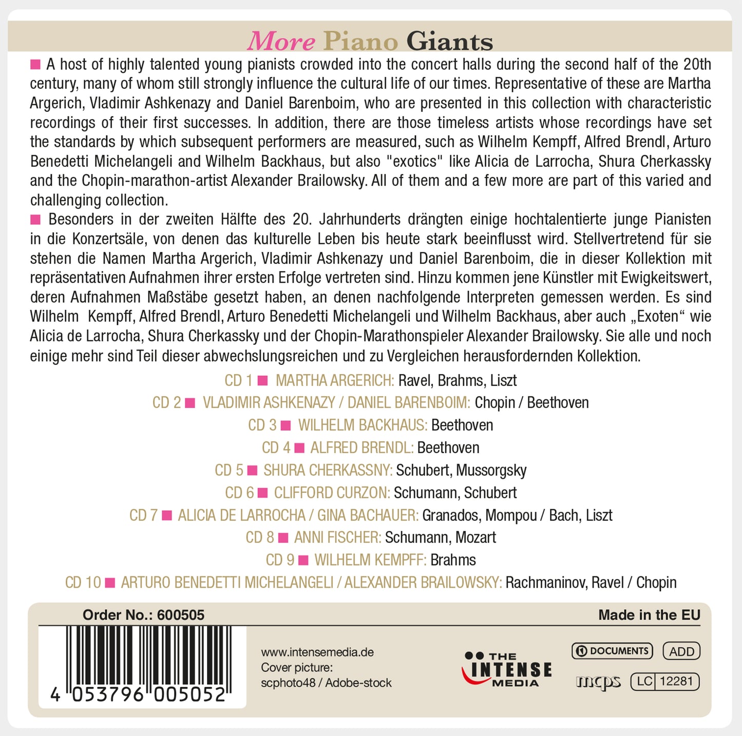 MORE PIANO GIANTS - ARGERICH, ARRAU, BARENBOIM and MORE (10 CDS)