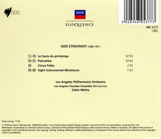 STRAVINSKY: Petrushka, Le sacre du printemps, Circus Polka, Eight Instrumental Minatures - LA Philharmonic, Los Angeles Chamber Ensemble, Zubin Mehta