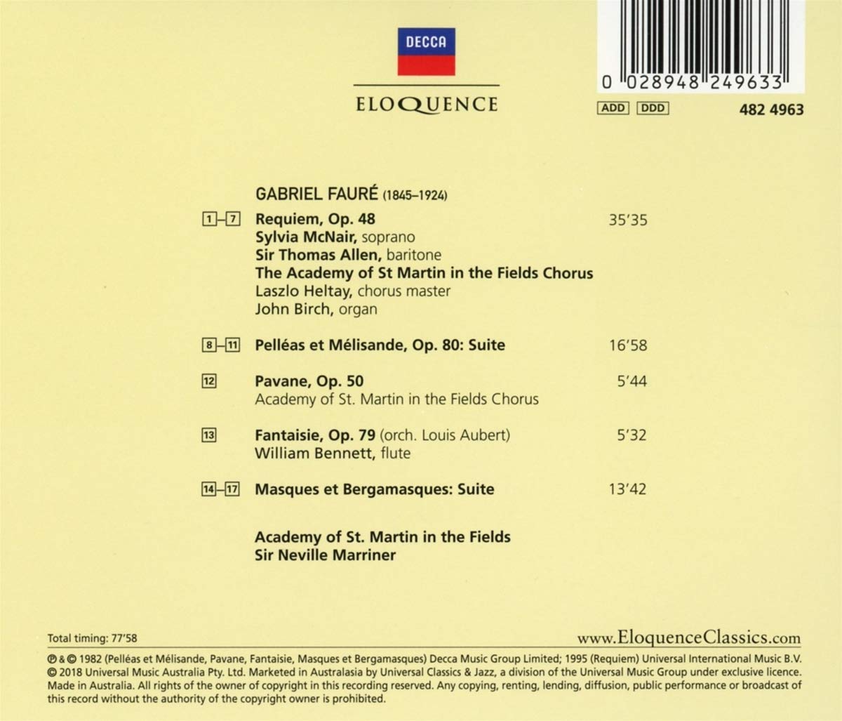 FAURE: REQUIEM, ORCHESTRAL WORKS - MARRINER, ACADEMY OF ST. MARTIN IN THE FIELDS