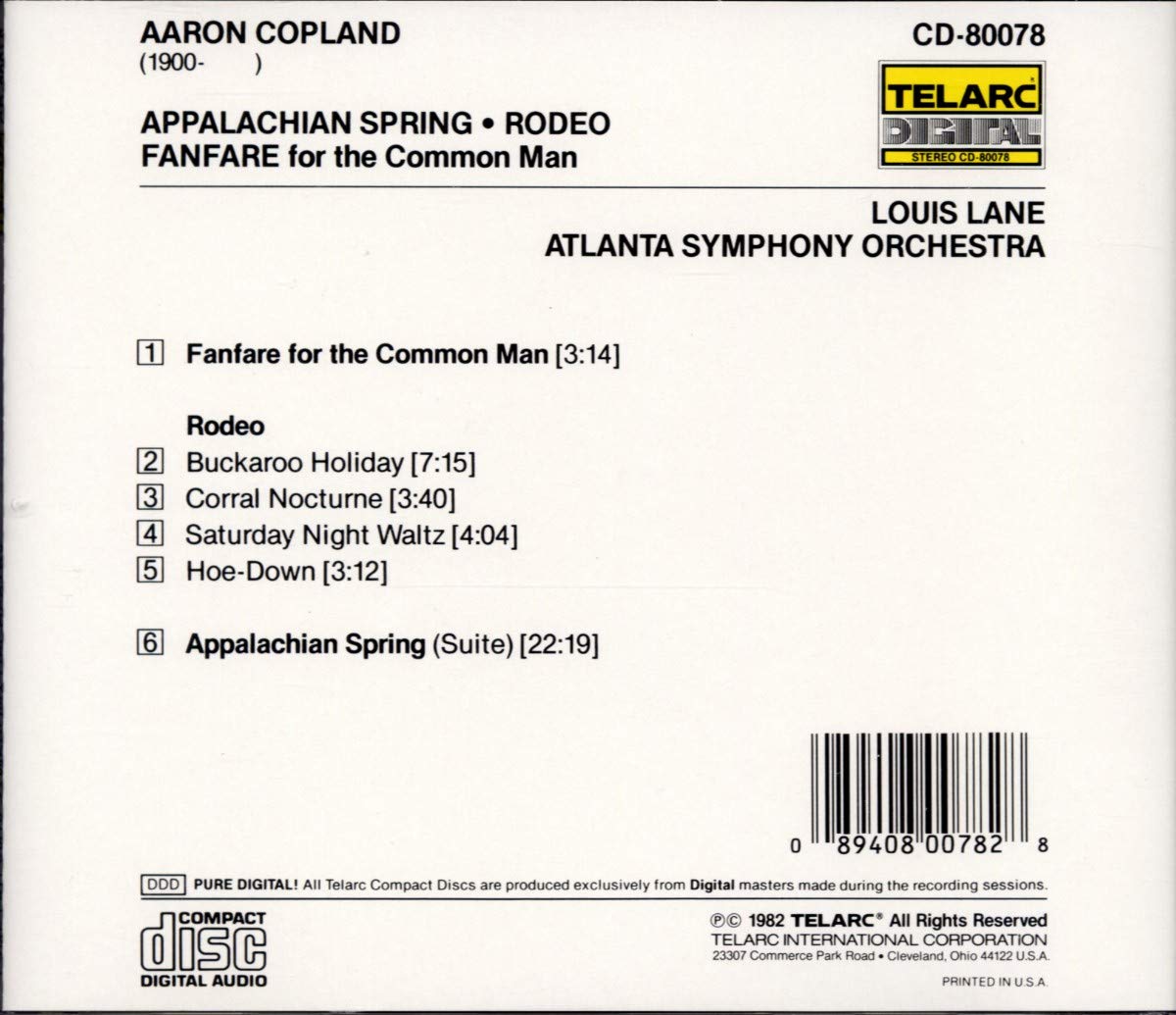 COPLAND: APPALACHIAN SPRING; FANFARE FOR THE COMMON MAN; RODEO - Atlanta Symphony Orchestra, Louis Lane