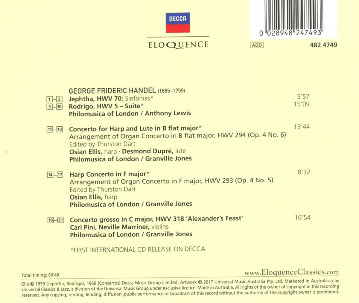 HANDEL: SUITES AND CONCERTOS - ELLIS, DUPRE, PINI, MARRINER, PHILOMUSICA OF LONDON