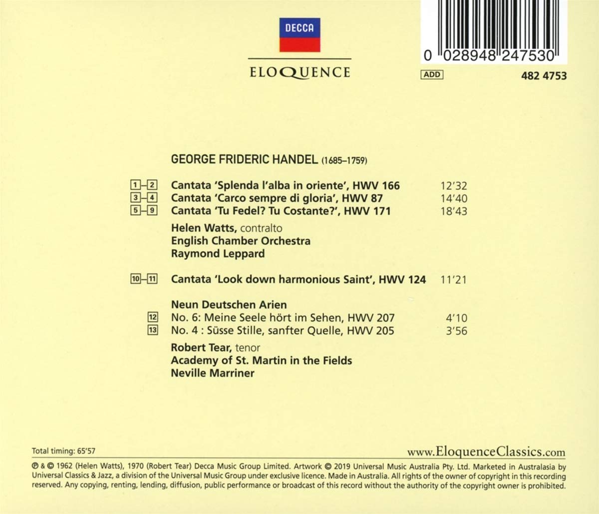 HANDEL: CANTATAS & ARIAS - HELEN WATTS, ROBERT TEAR, ACADEMY OF ST. MARTIN IN THE FIELDS, MARRINER