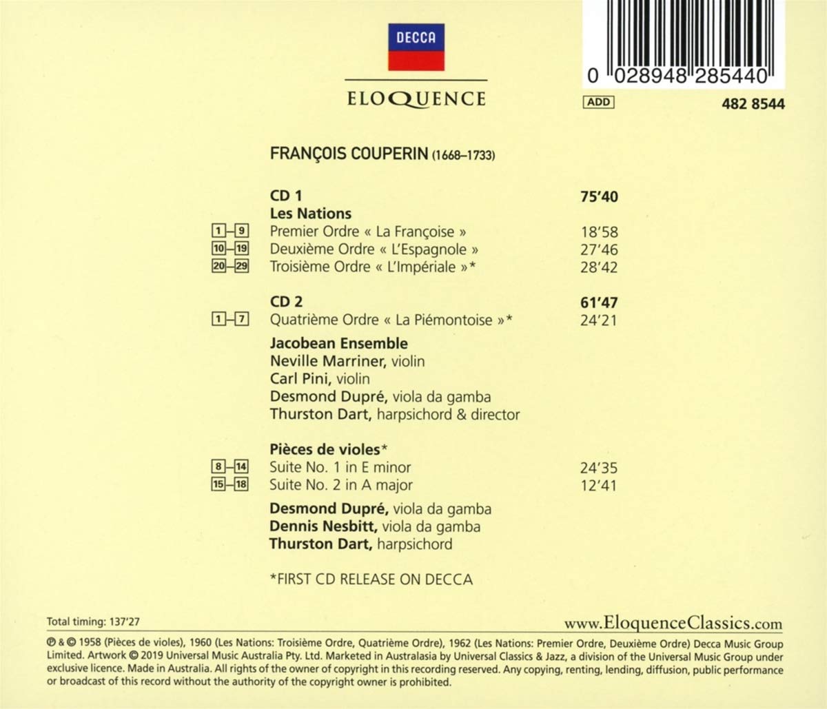 COUPERIN: LES NATIONS; PIECES DE VIOLES - THURSTON DART (2 CDS)