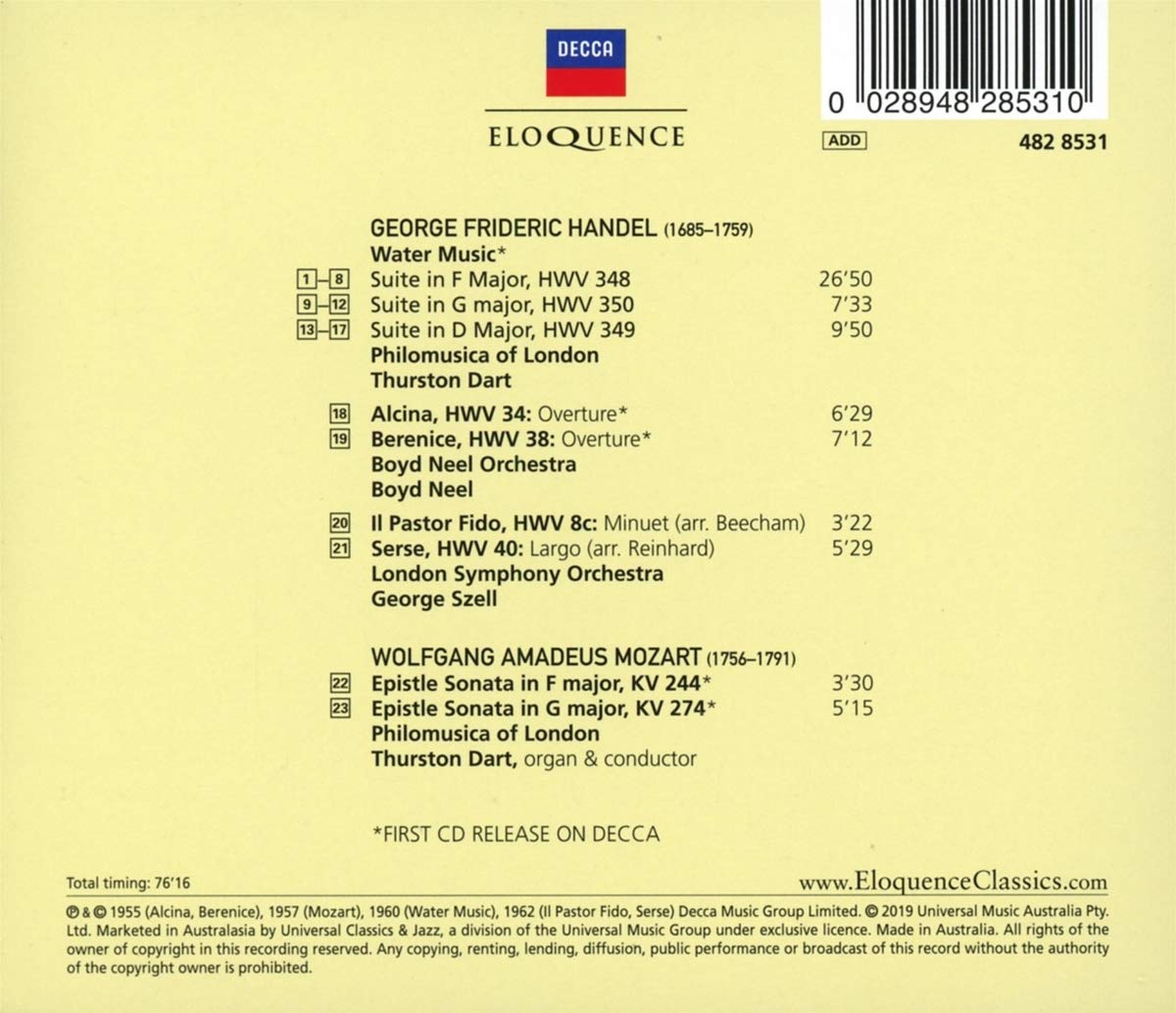 HANDEL: WATER MUSIC AND ORCHESTRAL MUSIC; MOZART: EPISTLE SONATAS - DART, SZELL, NEEL